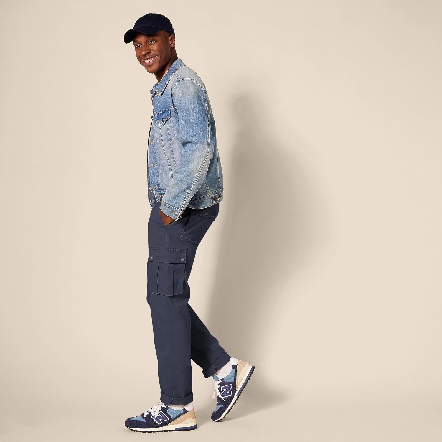image:imageAmazon Essentials Mens SlimFit Stretch Cargo Pants with Tapered LegNavy