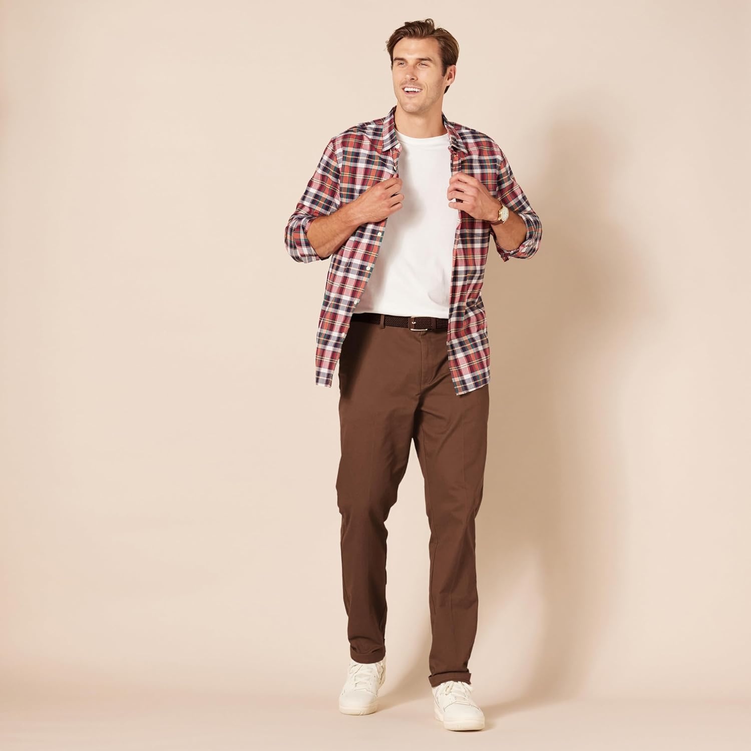 image:imageAmazon Essentials Mens SlimFit WrinkleResistant FlatFront Chino PantBrown