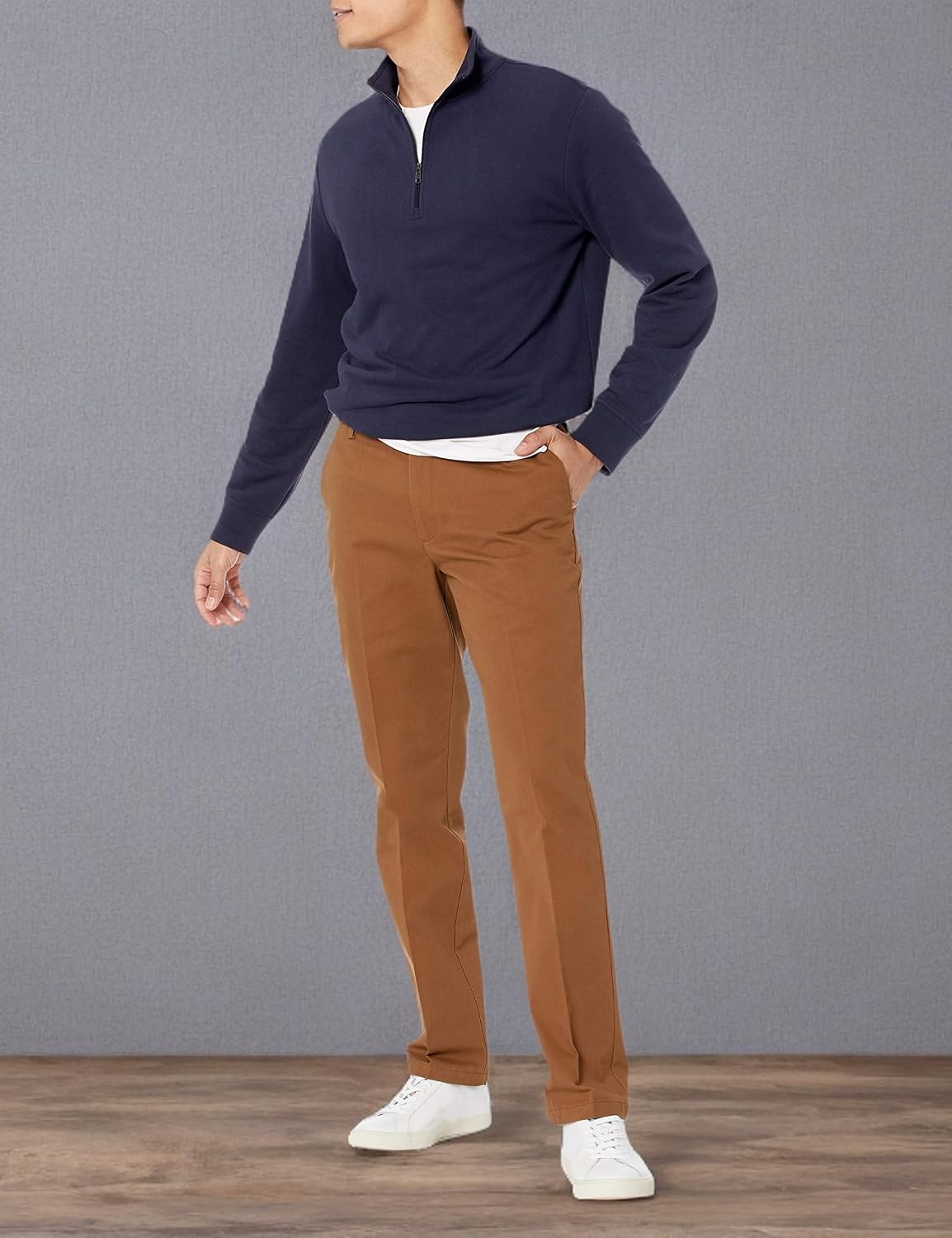 image:imageAmazon Essentials Mens SlimFit WrinkleResistant FlatFront Chino PantDark Khaki Brown