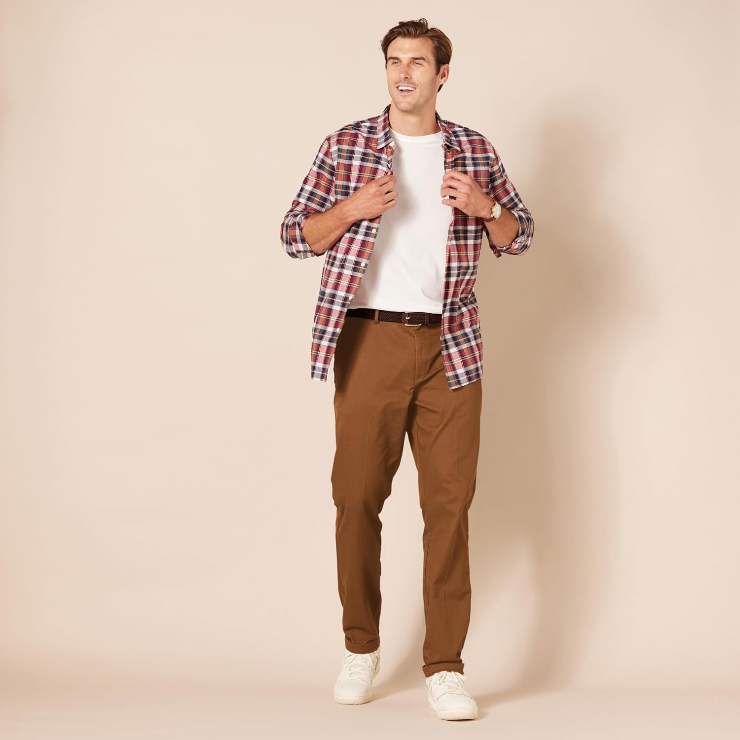 image:imageAmazon Essentials Mens SlimFit WrinkleResistant FlatFront Chino PantDark Khaki Brown