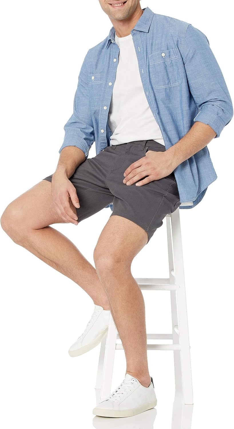 image:imageAmazon Essentials Mens StraightFit 9 Inseam Stretch Cotton Twill 5Pocket ShortsDark Grey