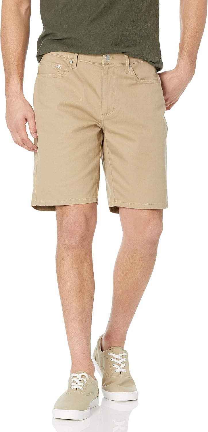image:imageAmazon Essentials Mens StraightFit 9 Inseam Stretch Cotton Twill 5Pocket ShortsKhaki