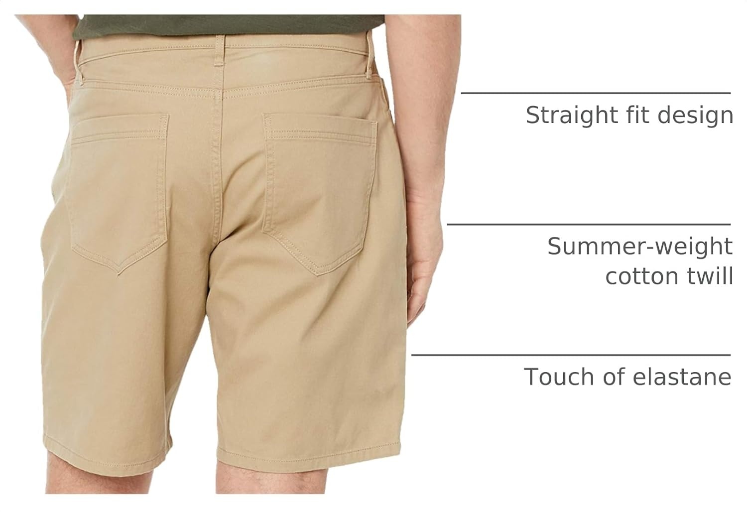 image:imageAmazon Essentials Mens StraightFit 9 Inseam Stretch Cotton Twill 5Pocket ShortsKhaki
