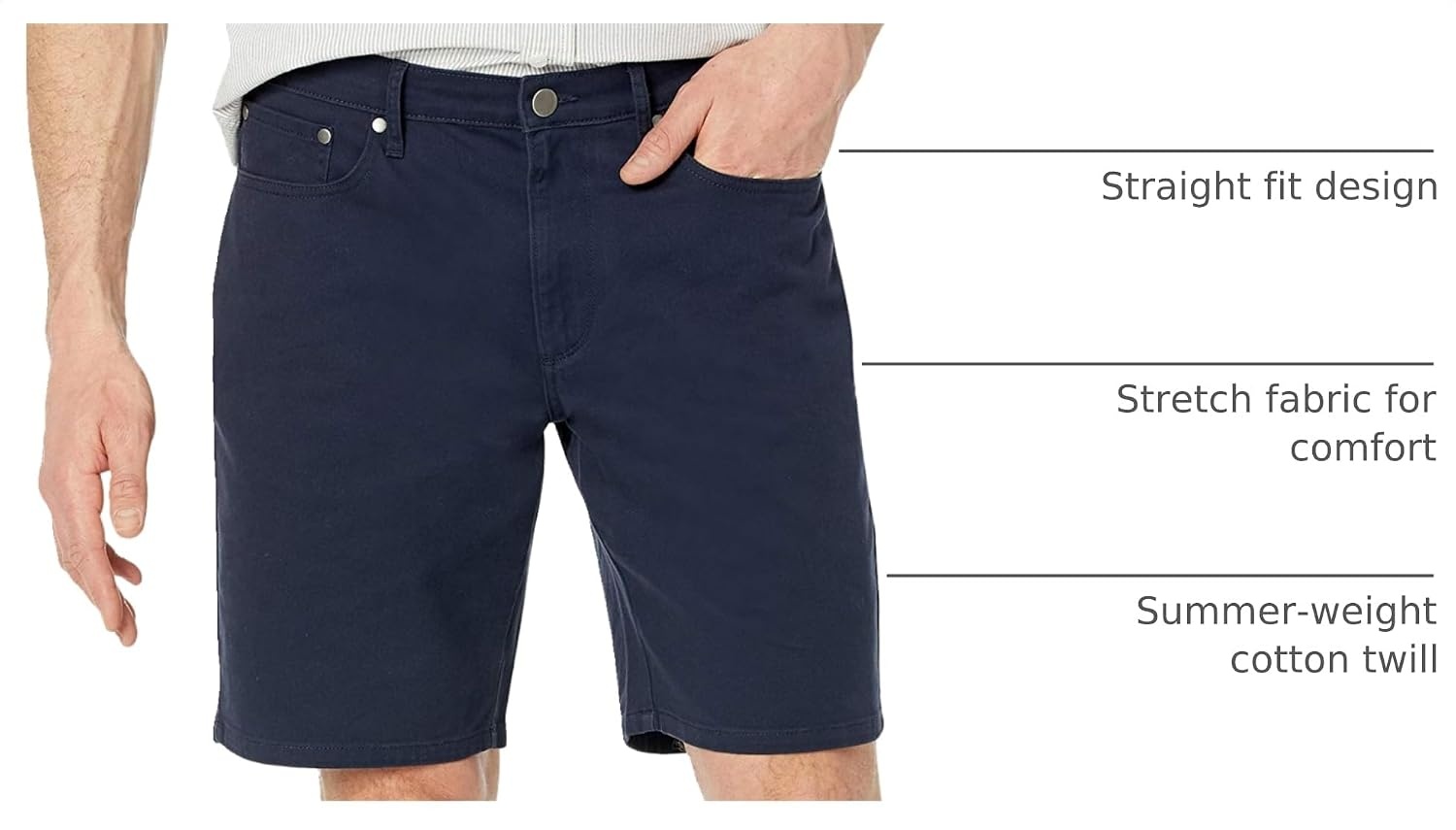 image:imageAmazon Essentials Mens StraightFit 9 Inseam Stretch Cotton Twill 5Pocket ShortsMidnight Blue