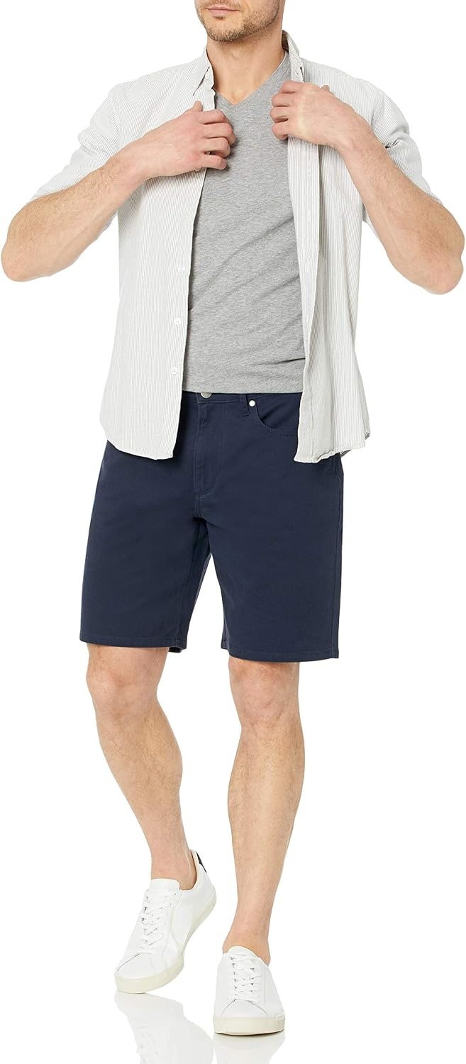 image:imageAmazon Essentials Mens StraightFit 9 Inseam Stretch Cotton Twill 5Pocket ShortsMidnight Blue