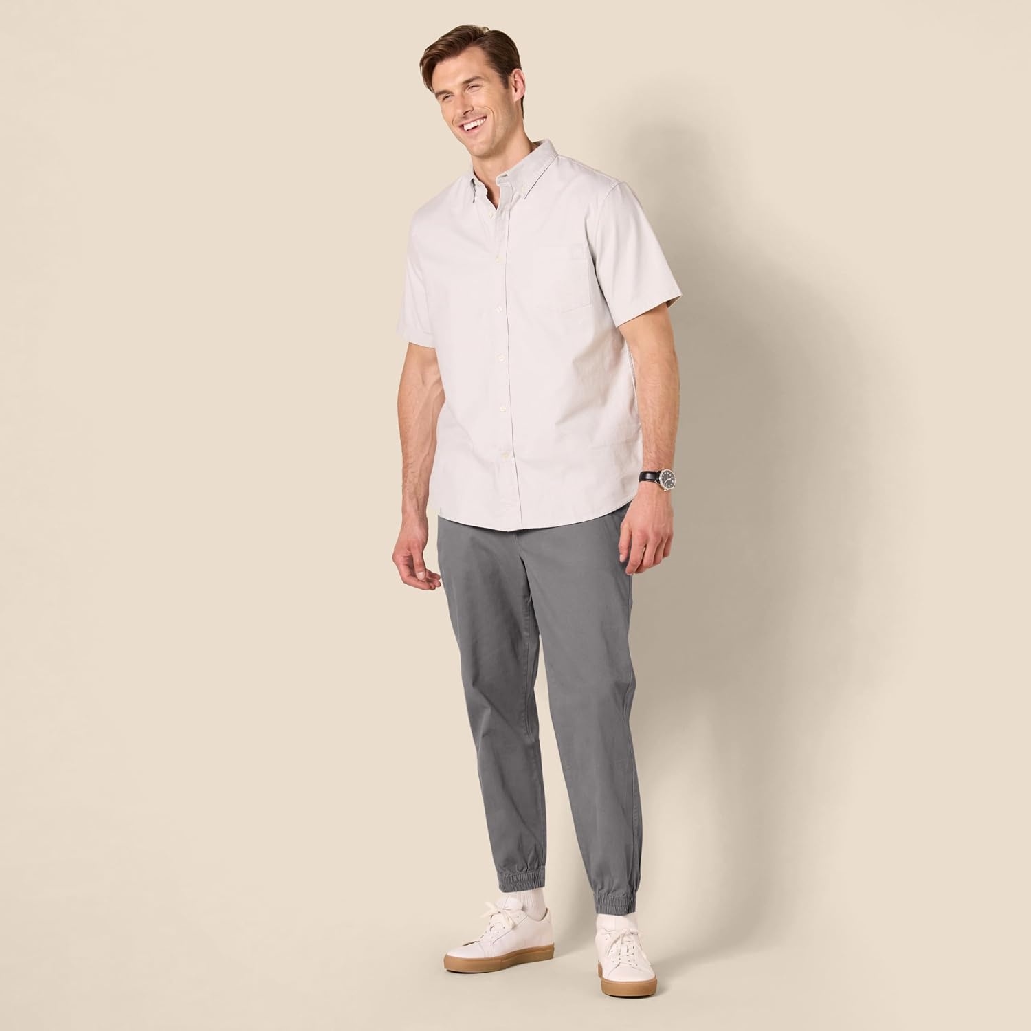 image:imageAmazon Essentials Mens StraightFit Chino Jogger Pants with Elastic Waist and PocketsDark Grey
