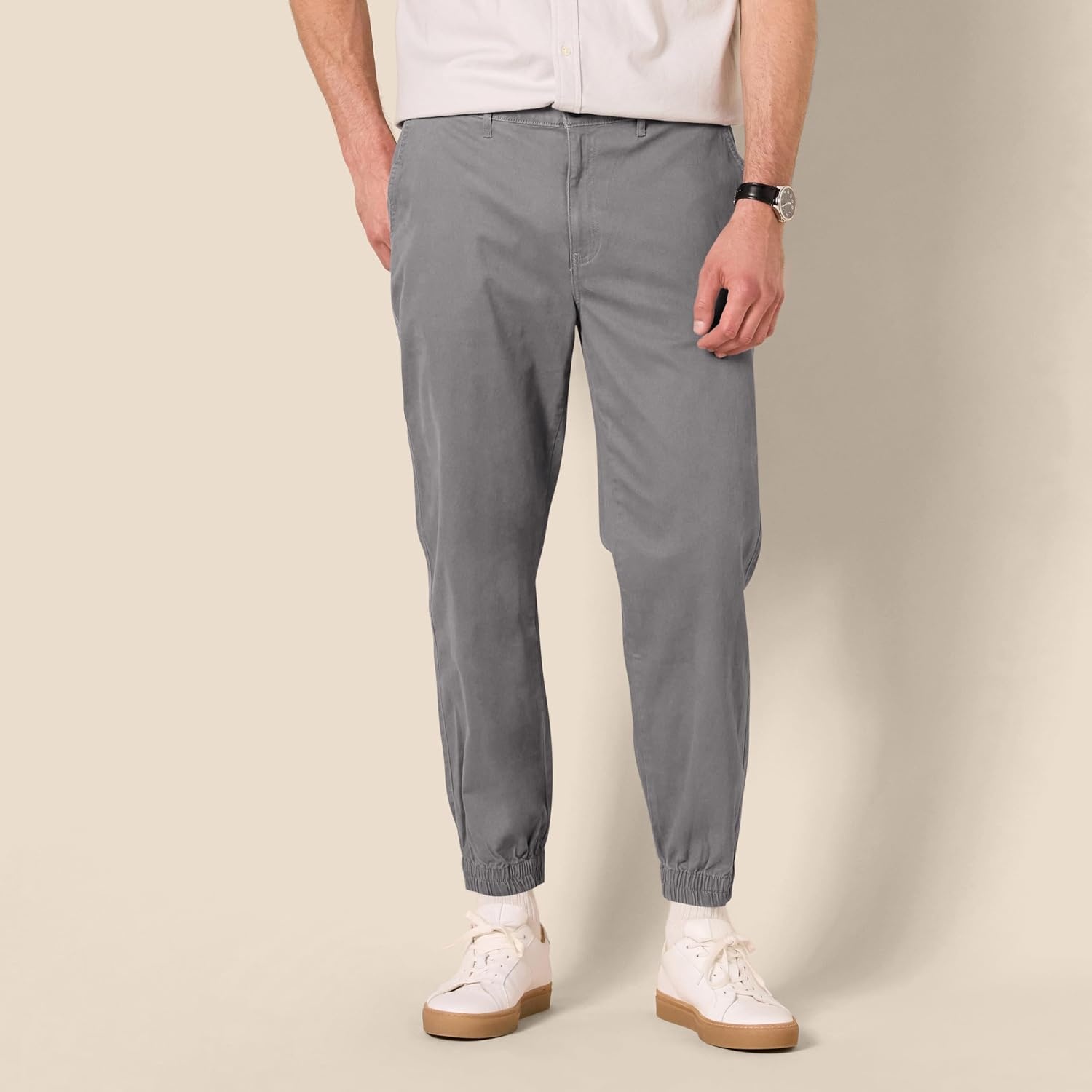 image:imageAmazon Essentials Mens StraightFit Chino Jogger Pants with Elastic Waist and PocketsDark Grey