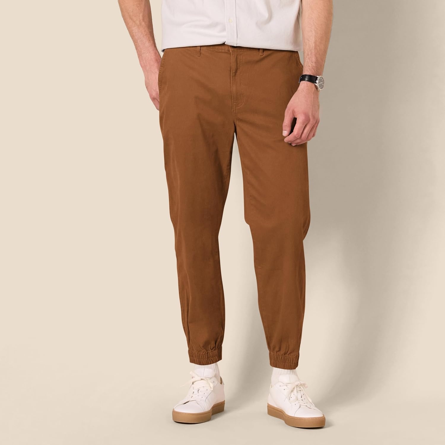 image:imageAmazon Essentials Mens StraightFit Chino Jogger Pants with Elastic Waist and PocketsDark Khaki Brown