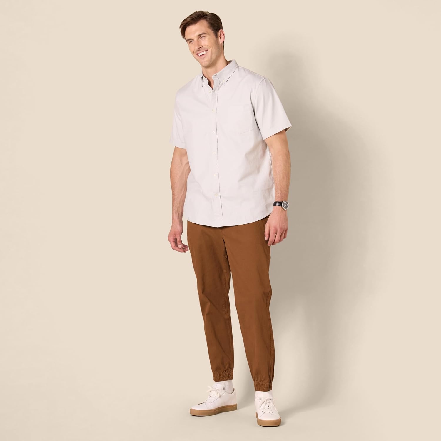image:imageAmazon Essentials Mens StraightFit Chino Jogger Pants with Elastic Waist and PocketsDark Khaki Brown