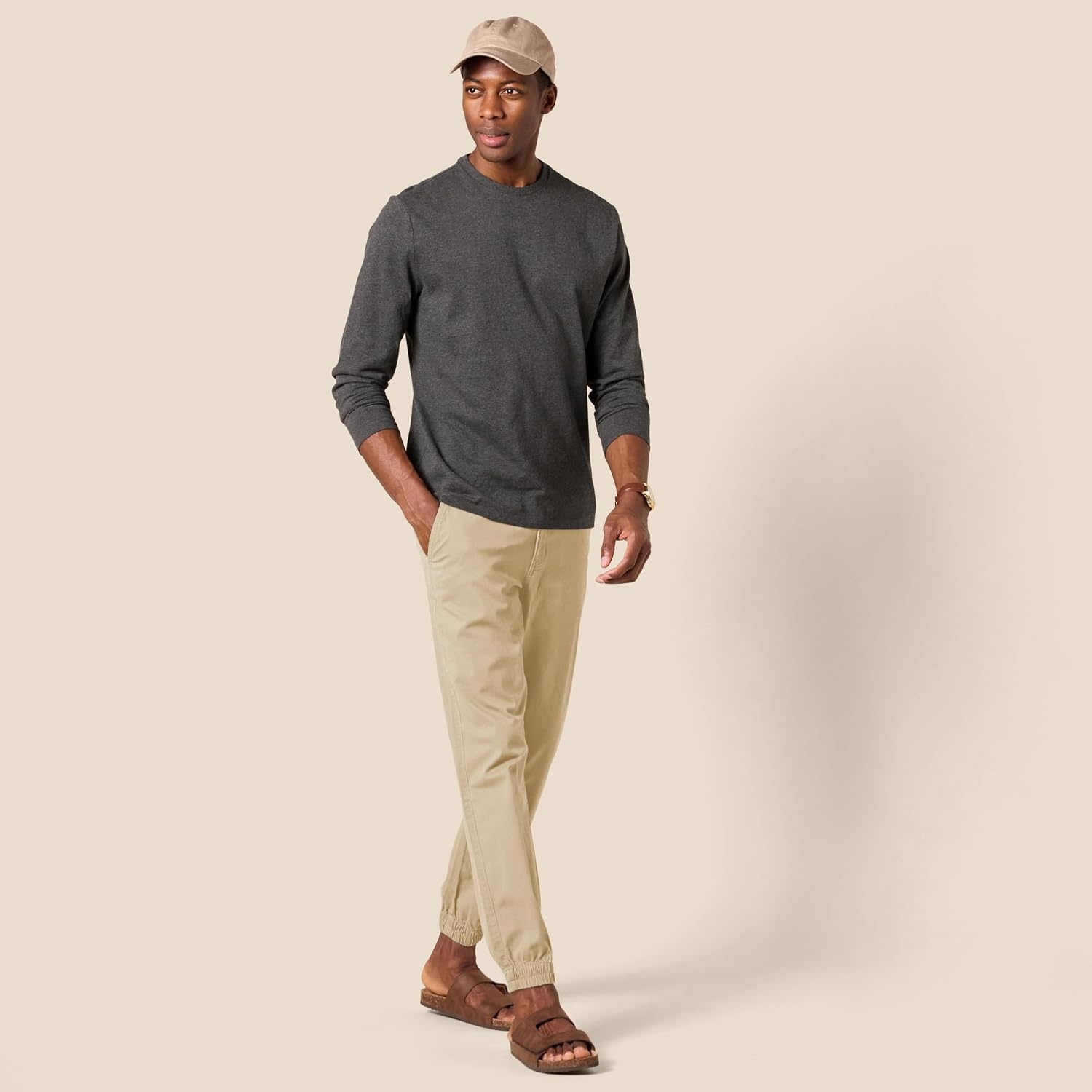 image:imageAmazon Essentials Mens StraightFit Chino Jogger Pants with Elastic Waist and PocketsKhaki Brown