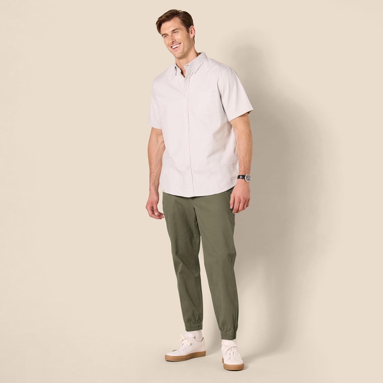 image:imageAmazon Essentials Mens StraightFit Chino Jogger Pants with Elastic Waist and PocketsOlive