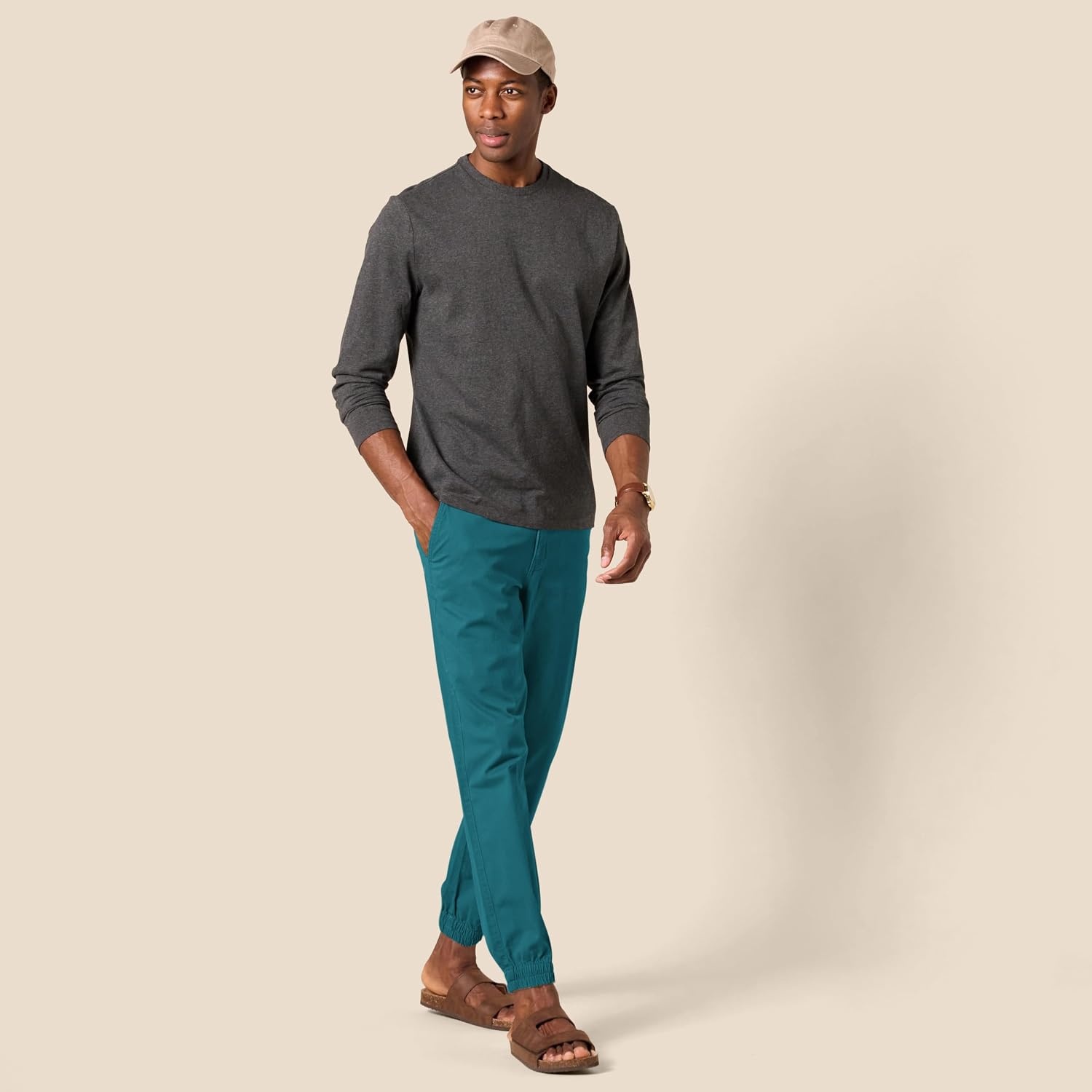 image:imageAmazon Essentials Mens StraightFit Chino Jogger Pants with Elastic Waist and PocketsWashed Teal Green