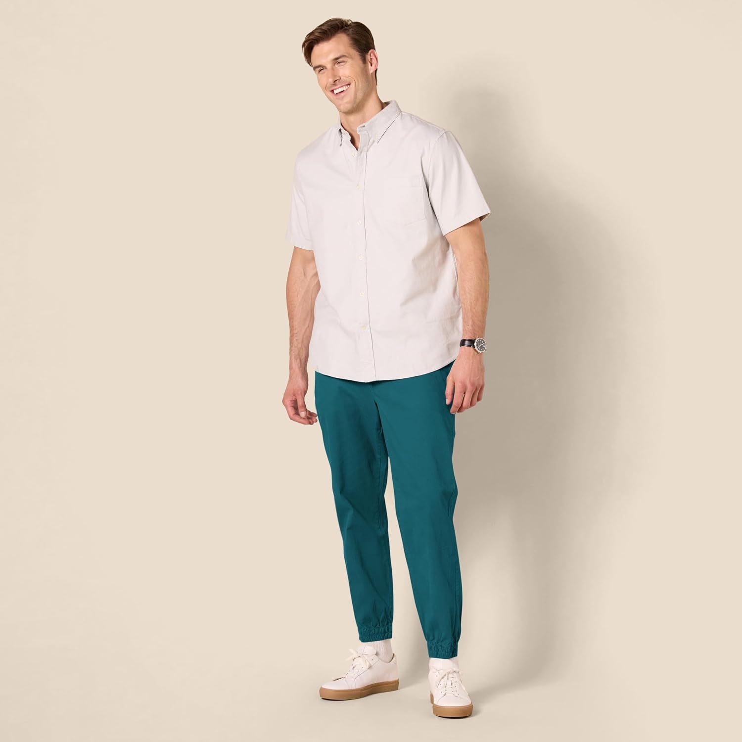 image:imageAmazon Essentials Mens StraightFit Chino Jogger Pants with Elastic Waist and PocketsWashed Teal Green