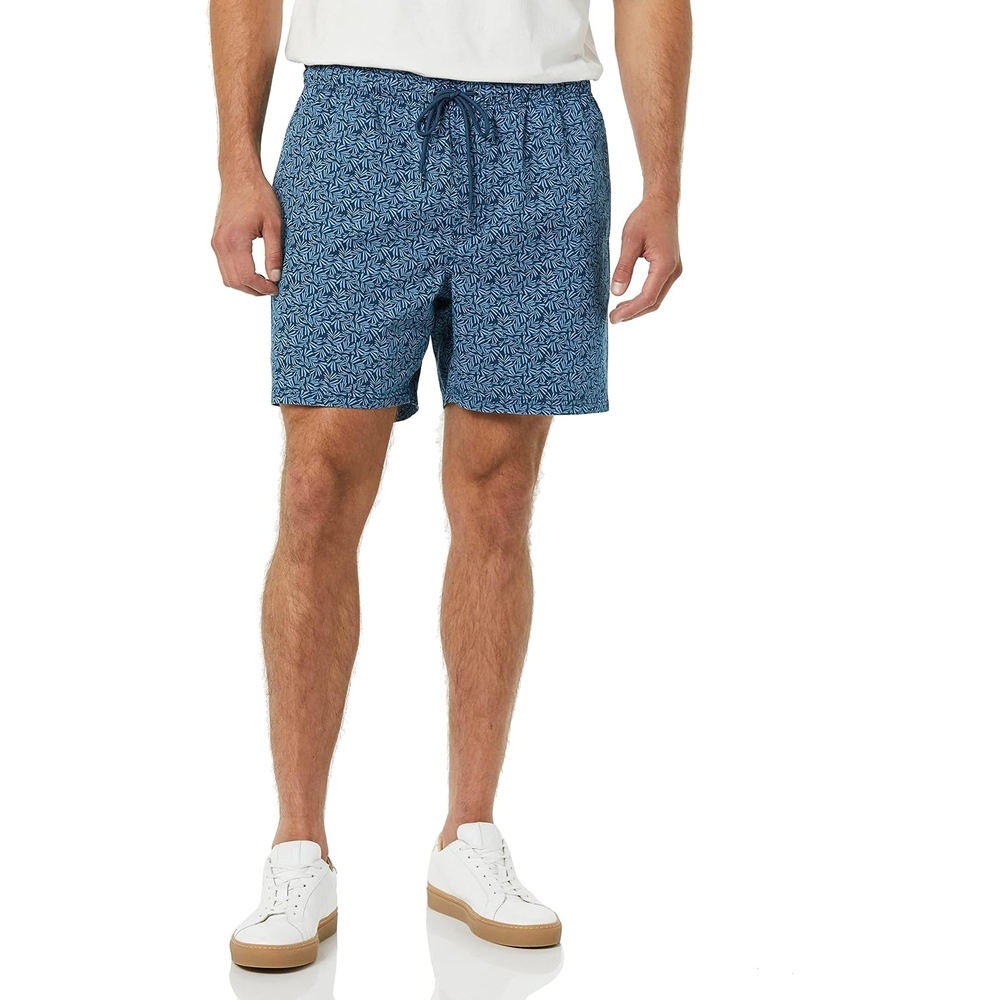 image:imageAmazon Essentials Mens 6 Inseam Regular Fit Drawstring Shorts with Elastic Waist and PocketsIndigo Navy Palm Trees