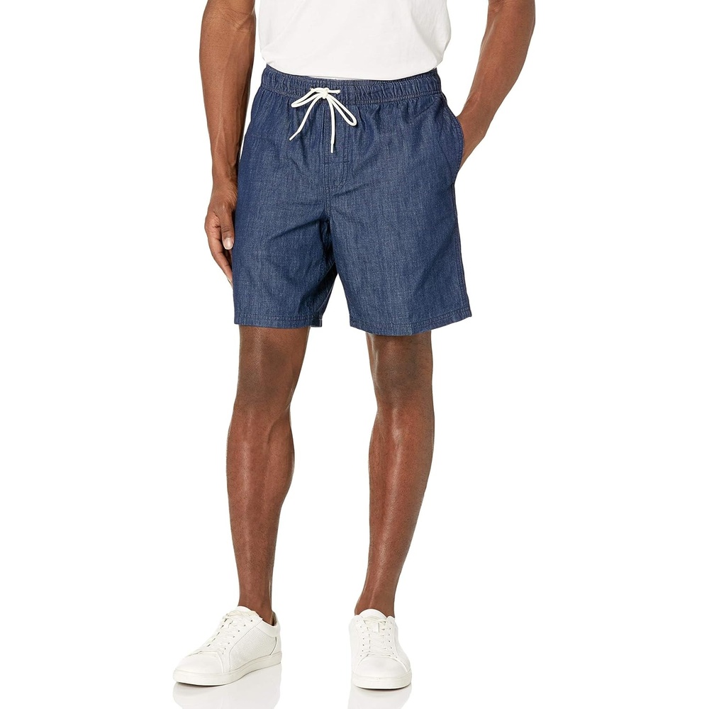 image:imageAmazon Essentials Mens 8 Inseam RelaxedFit Cotton Drawstring PullOn Walk Shorts SummerWeightDark Wash Chambray
