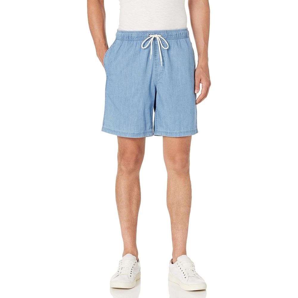 image:imageAmazon Essentials Mens 8 Inseam RelaxedFit Cotton Drawstring PullOn Walk Shorts SummerWeightLight Wash Chambray