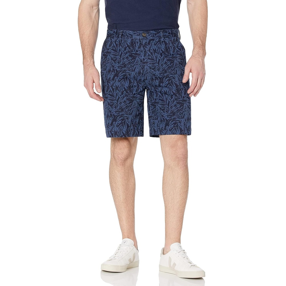image:imageAmazon Essentials Mens ClassicFit 9 Cotton Twill Chino Shorts with ButtonThrough PocketsIndigo Palm Leaf Print