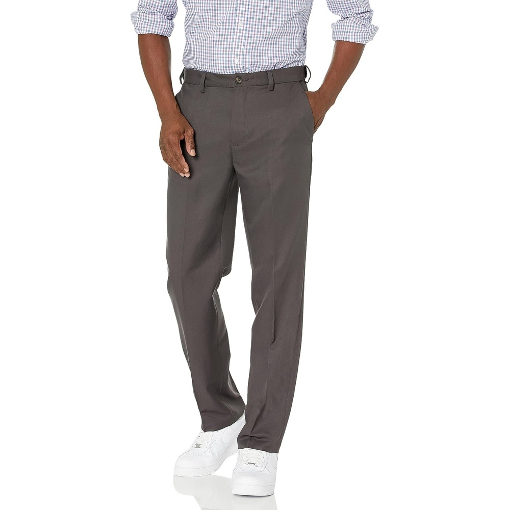 image:imageAmazon Essentials Mens ClassicFit ExpandableWaist FlatFront Dress PantsDark Grey