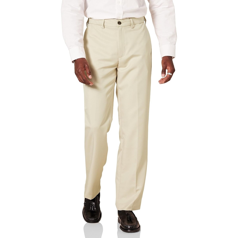 image:imageAmazon Essentials Mens ClassicFit ExpandableWaist FlatFront Dress PantsStone