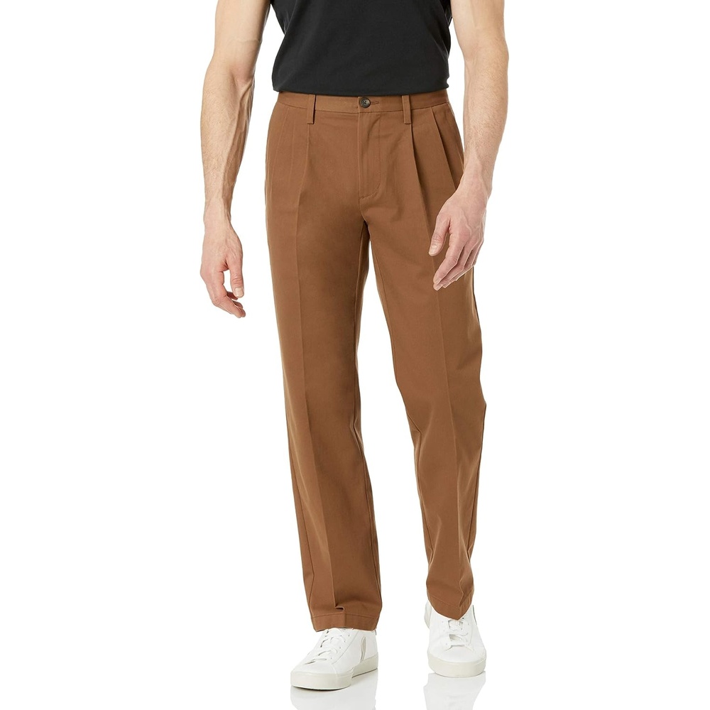 image:imageAmazon Essentials Mens ClassicFit WrinkleResistant Pleated Chino Pant Available in Big amp TallDark Khaki Brown