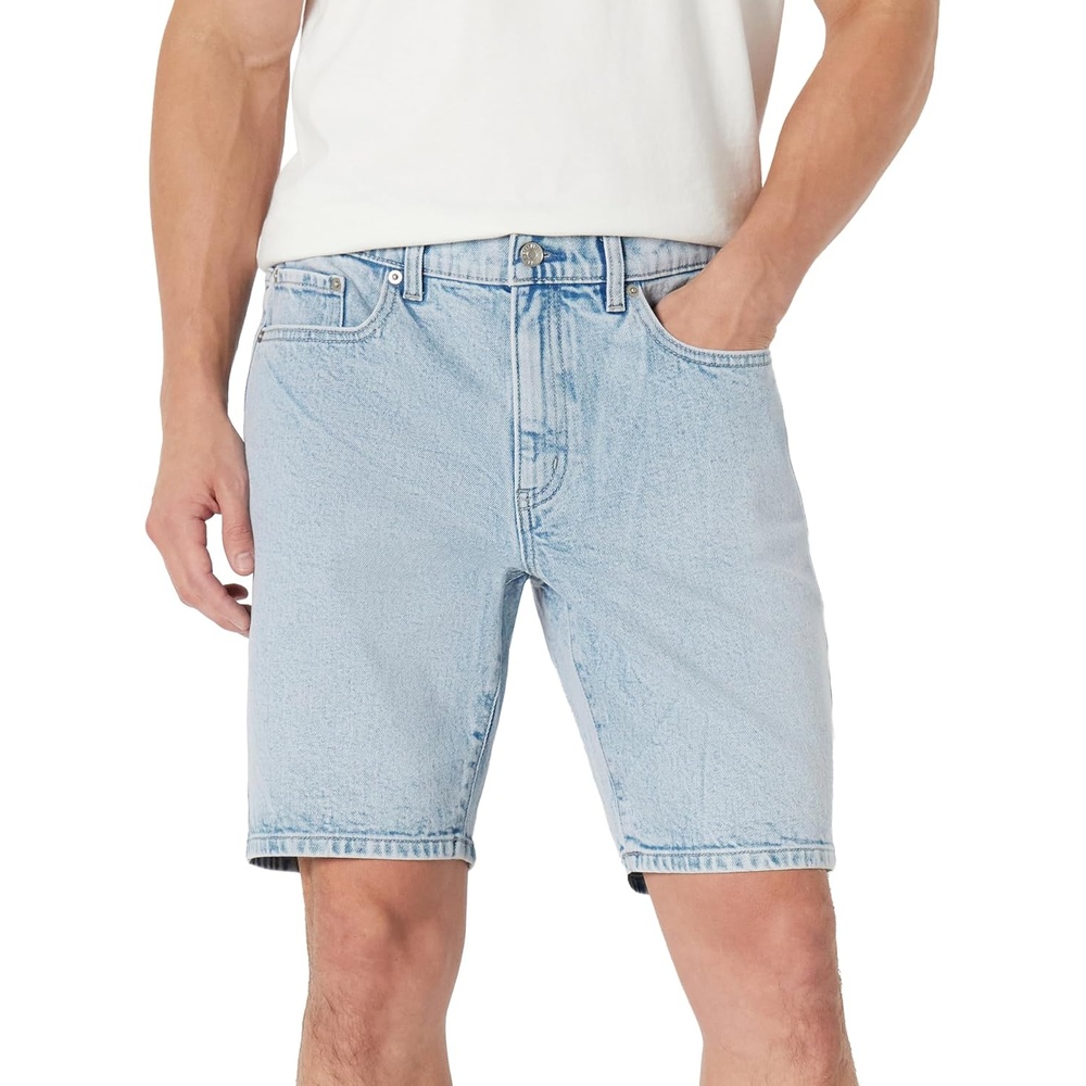 image:imageAmazon Essentials Mens Heavyweight Stretch StraightFit Jean Shorts Mid Rise 9 InseamIced Blue Light Wash