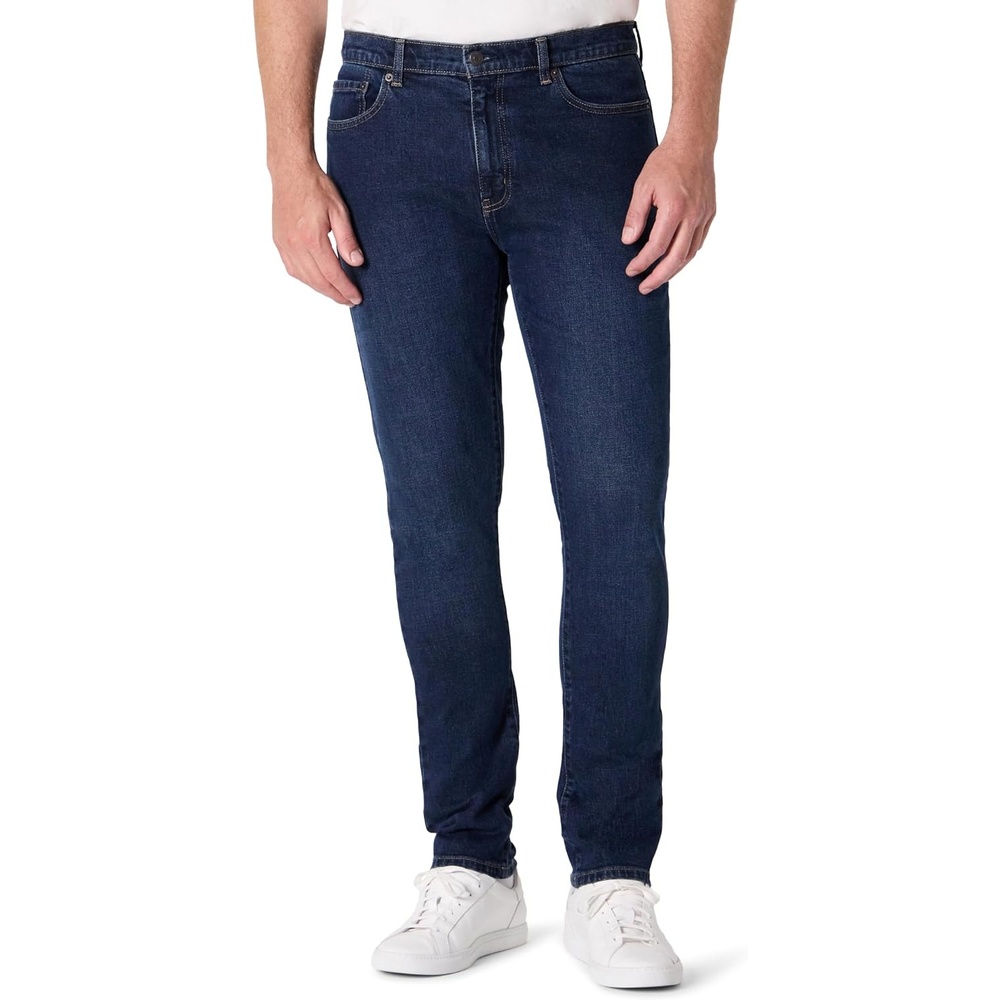 image:imageAmazon Essentials Mens Low Stretch SlimFit Jean Tapered Leg Vintage Inspired Midweight DenimDark Midnight Wash