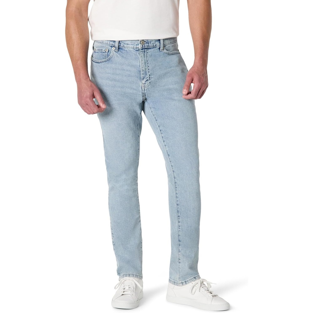 image:imageAmazon Essentials Mens Low Stretch SlimFit Jean Tapered Leg Vintage Inspired Midweight DenimIced Light Wash