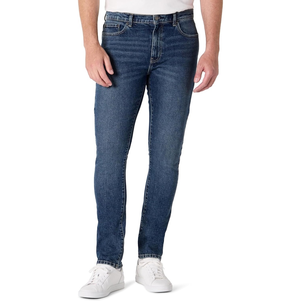 image:imageAmazon Essentials Mens Low Stretch SlimFit Jean Tapered Leg Vintage Inspired Midweight DenimTinted Medium Indigo