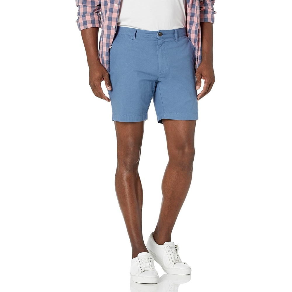 image:imageAmazon Essentials Mens SlimFit 7 Lightweight Comfort Stretch Oxford Shorts with Tapered LegBlue