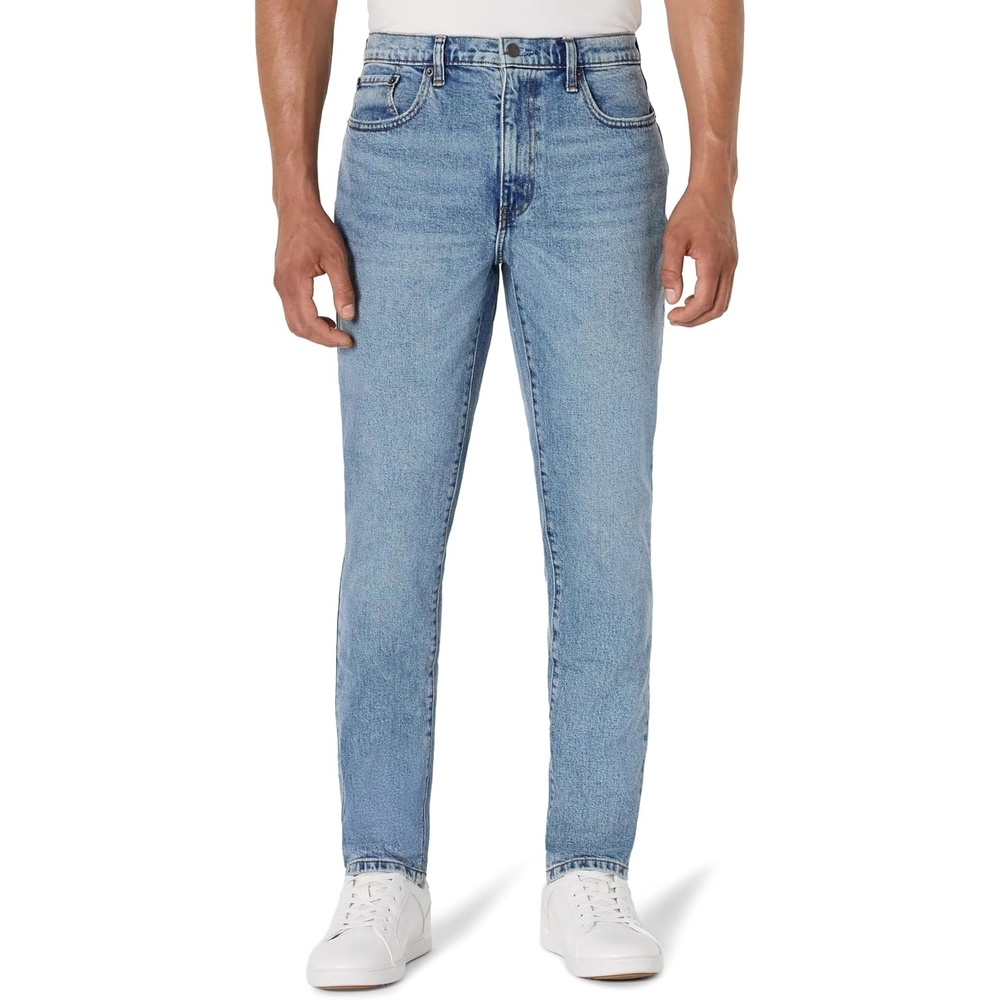 image:imageAmazon Essentials Mens SlimFit Jeans with Tapered Leg 5Pocket Styling Zip FlyTinted Light Wash
