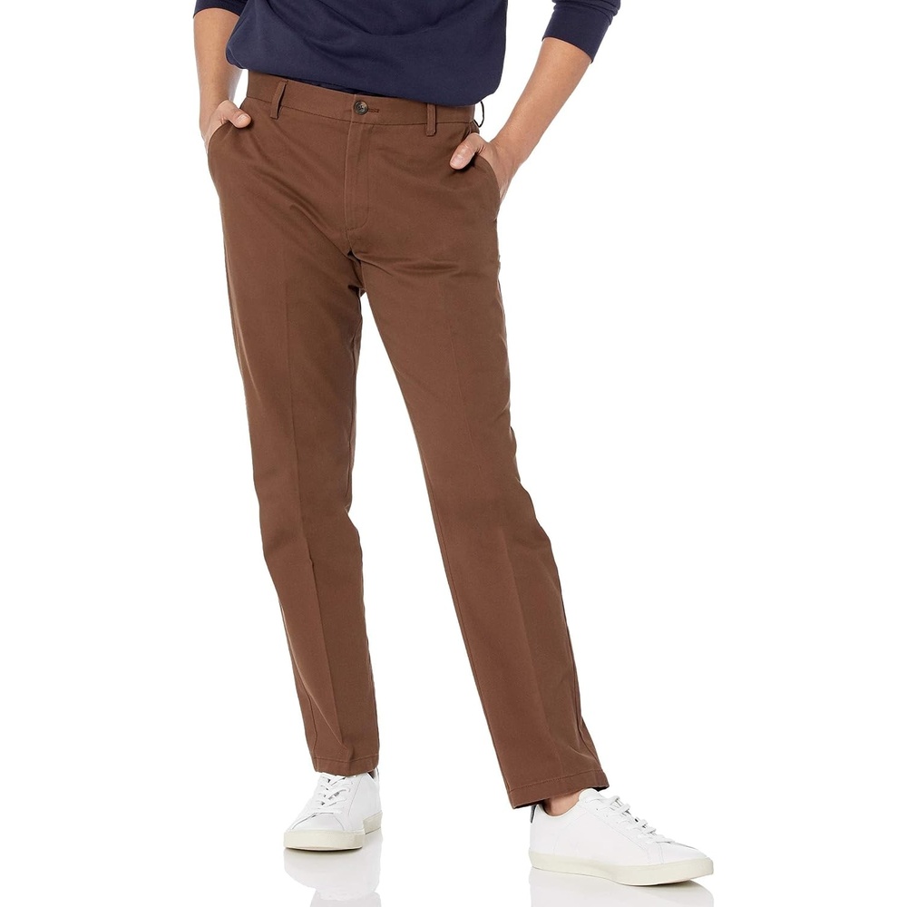 image:imageAmazon Essentials Mens SlimFit WrinkleResistant FlatFront Chino PantBrown