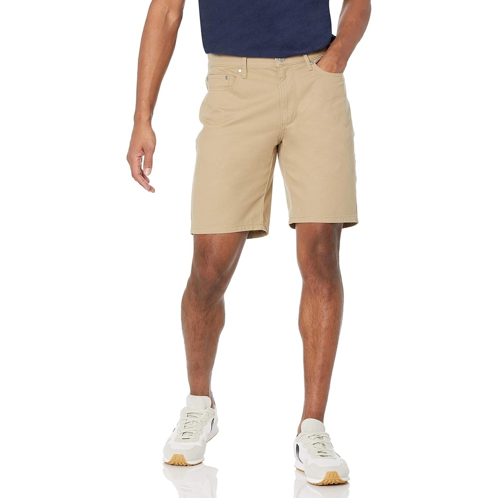 image:imageAmazon Essentials Mens StraightFit 9 Inseam Stretch Cotton Twill 5Pocket ShortsKhaki