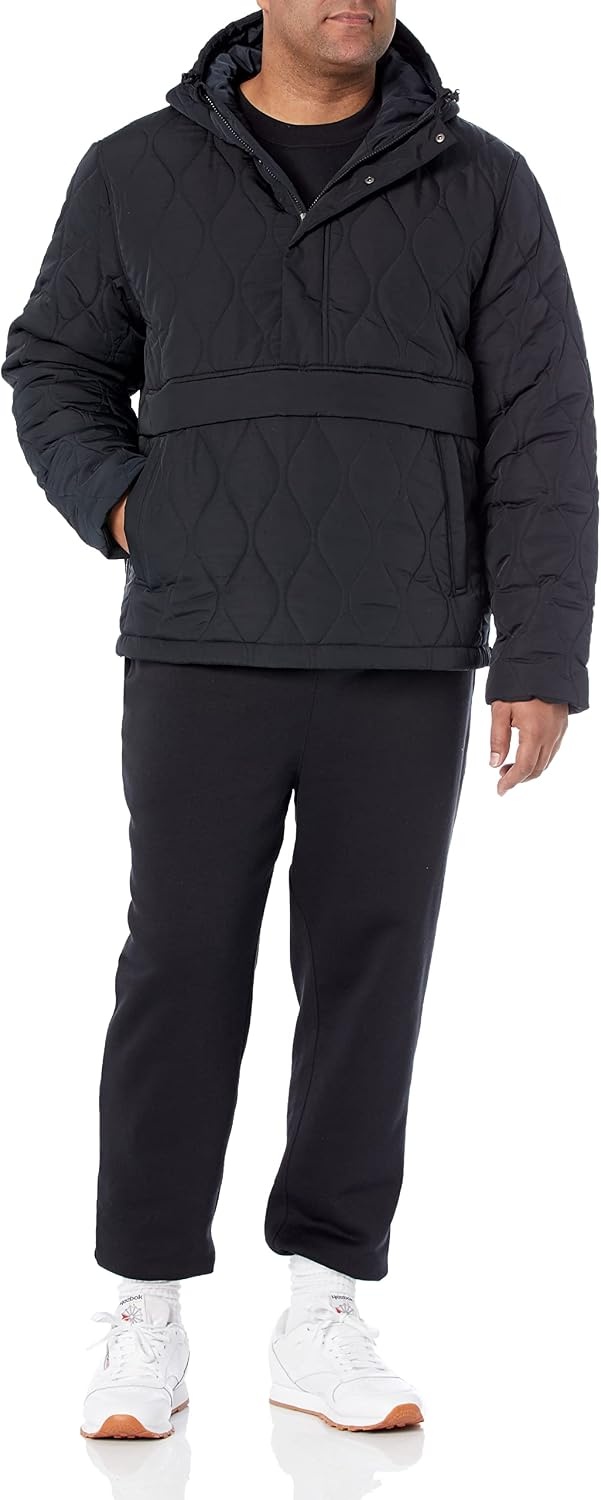 image:imageAmazon Essentials Mens Anorak Hooded QuarterZip Puffer CoatBlack