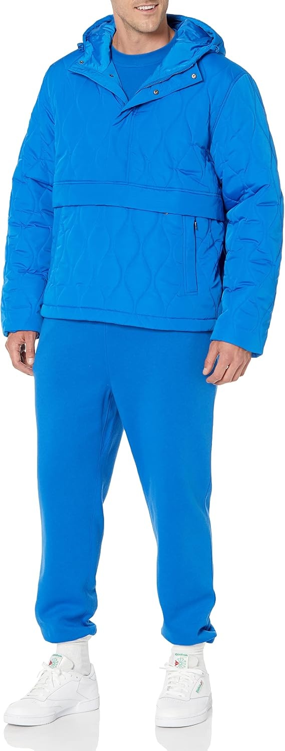 image:imageAmazon Essentials Mens Anorak Hooded QuarterZip Puffer CoatBright Blue