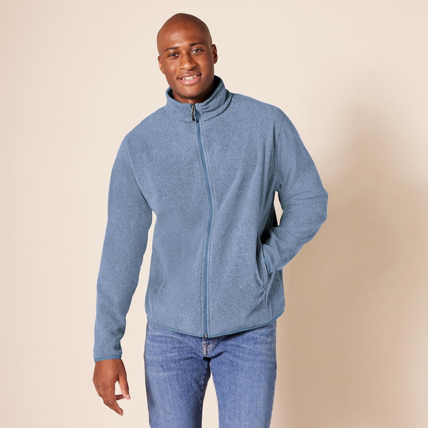 image:imageAmazon Essentials Mens FullZip Polar Fleece Jacket with Zippered Pockets for Cold Outdoor Weather Available in Big amp TallBlue Heather