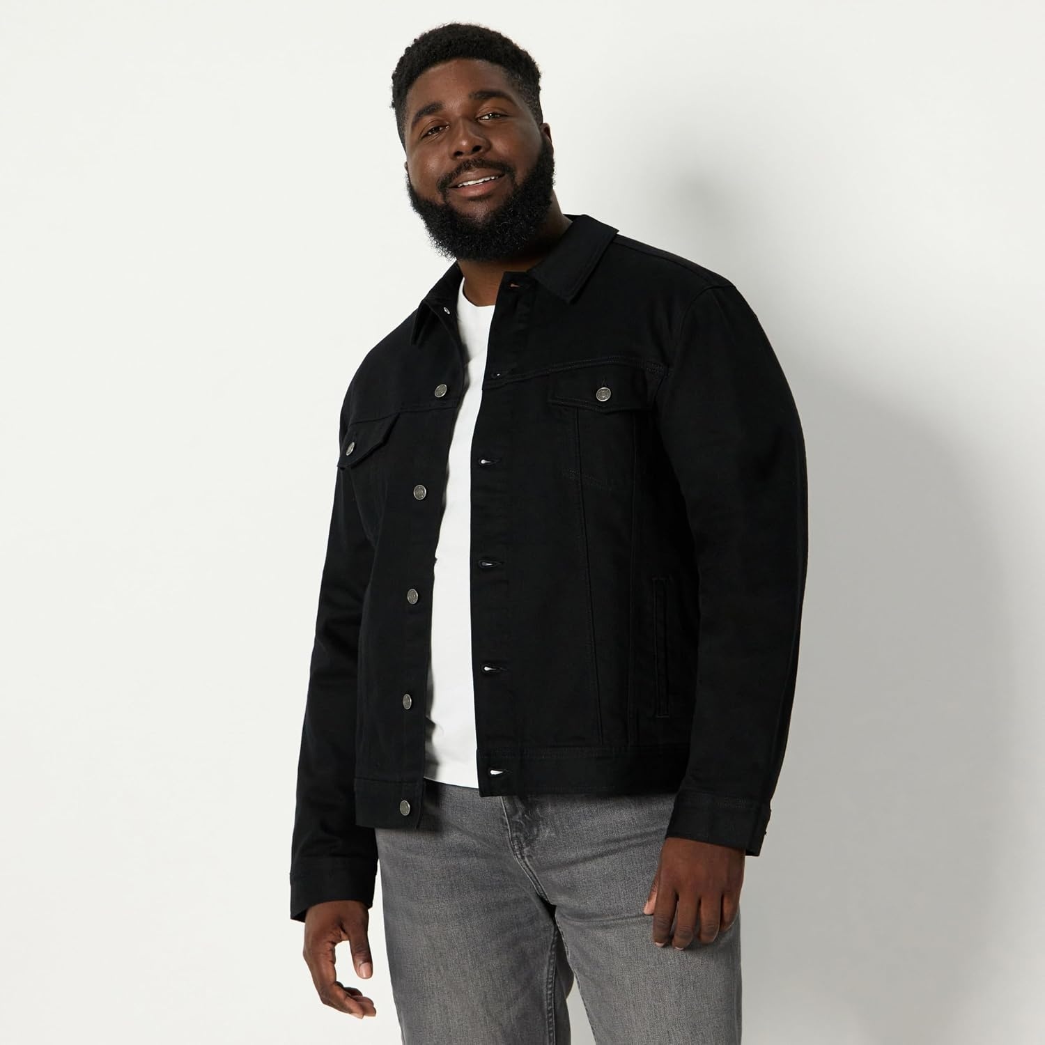 image:imageAmazon Essentials Mens Heavyweight Low Stretch RegularFit Denim Jacket Chest Patch PocketsBlack