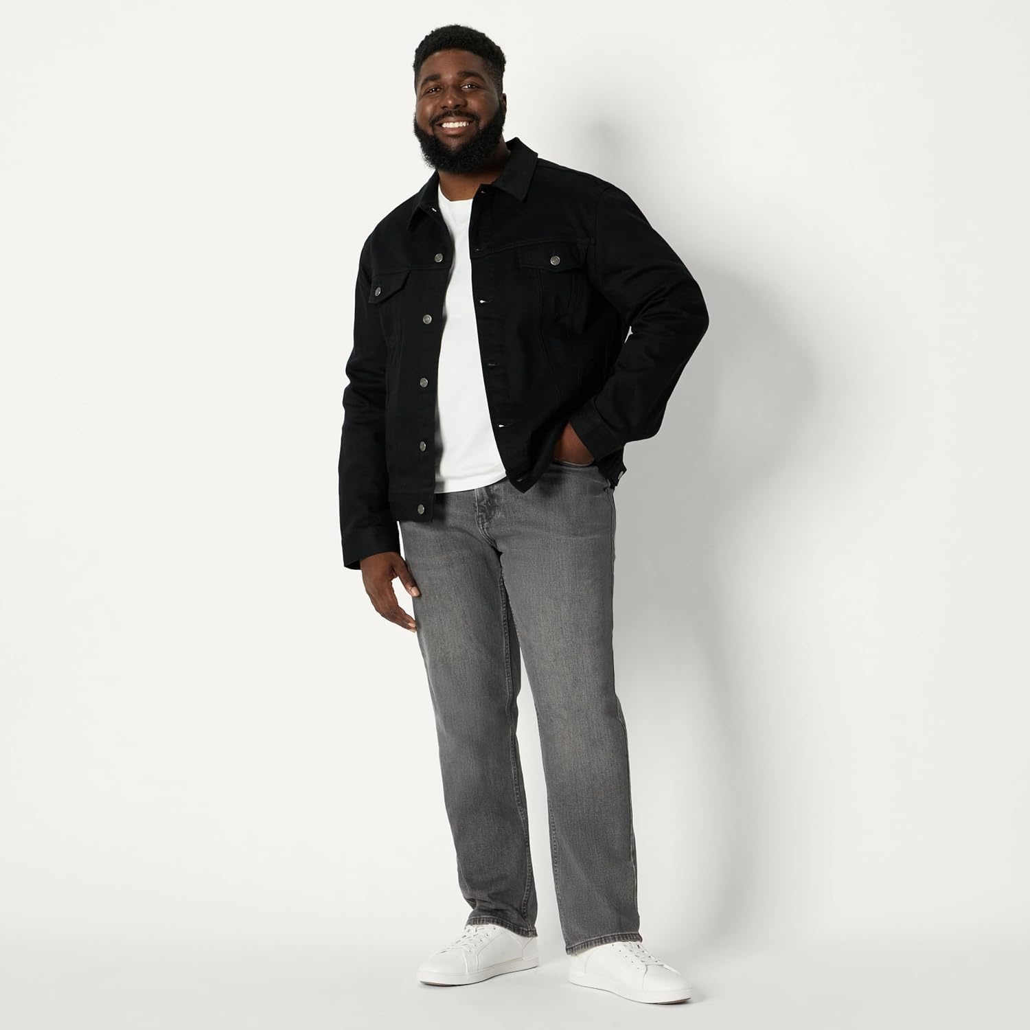 image:imageAmazon Essentials Mens Heavyweight Low Stretch RegularFit Denim Jacket Chest Patch PocketsBlack