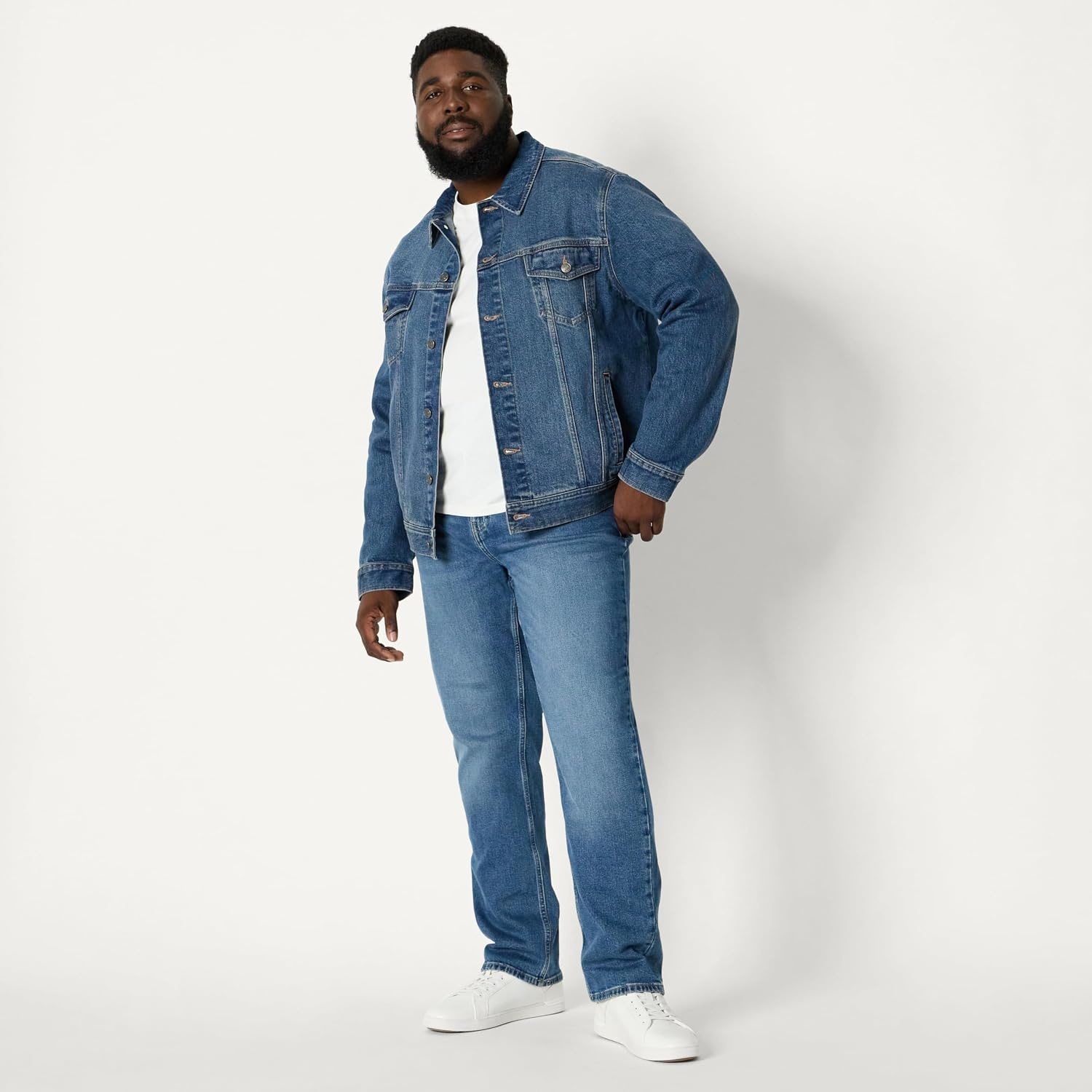 image:imageAmazon Essentials Mens Heavyweight Low Stretch RegularFit Denim Jacket Chest Patch PocketsStone Medium Wash