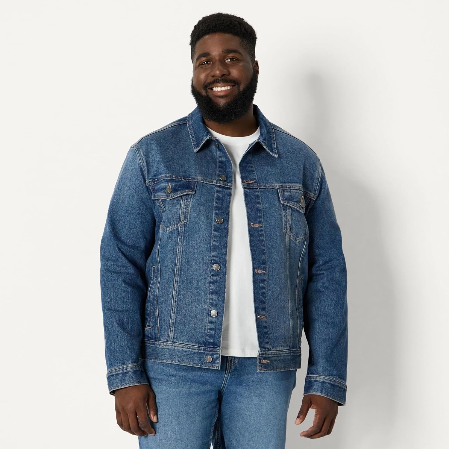 image:imageAmazon Essentials Mens Heavyweight Low Stretch RegularFit Denim Jacket Chest Patch PocketsStone Medium Wash
