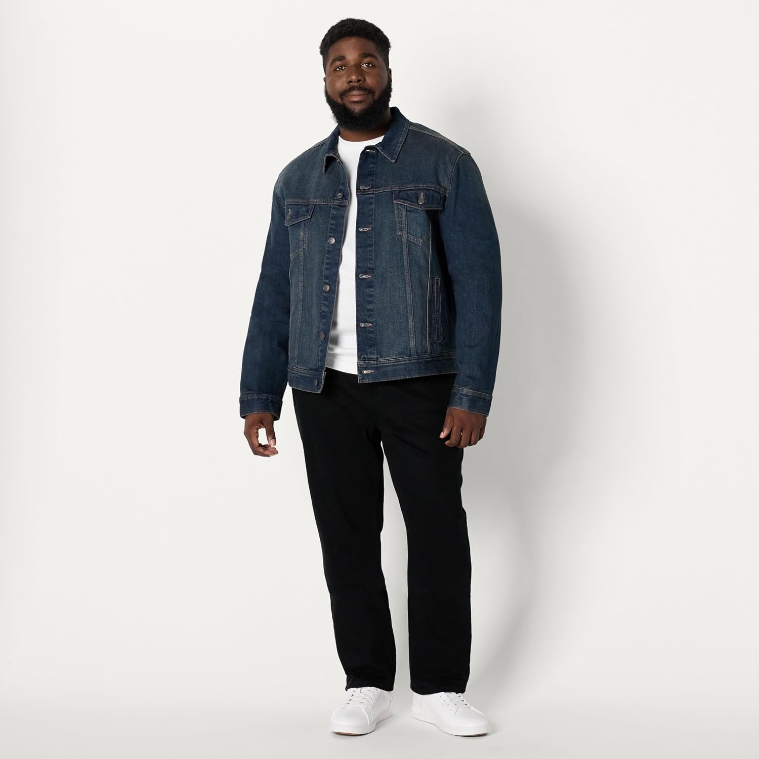 image:imageAmazon Essentials Mens Heavyweight Low Stretch RegularFit Denim Jacket Chest Patch PocketsTinted Dark Wash