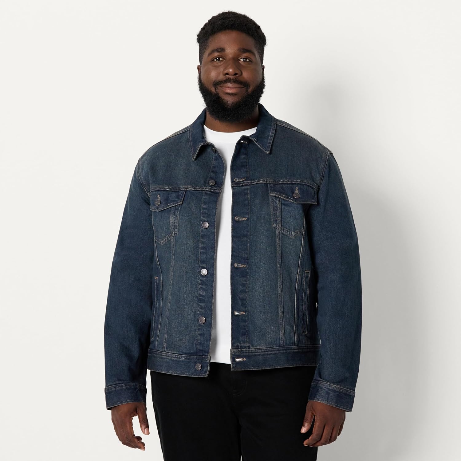 image:imageAmazon Essentials Mens Heavyweight Low Stretch RegularFit Denim Jacket Chest Patch PocketsTinted Dark Wash