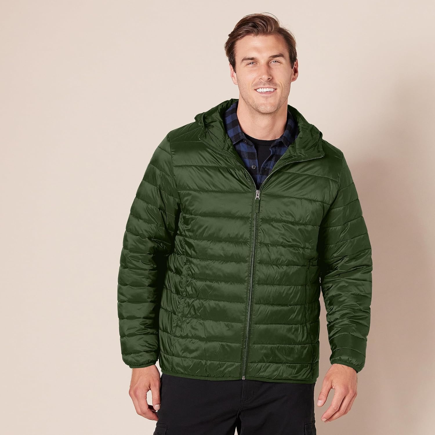 image:imageAmazon Essentials Mens Lightweight WaterResistant Packable Hooded Puffer JacketDark Olive