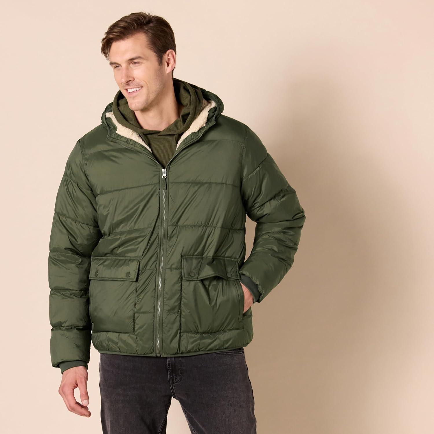 image:imageAmazon Essentials Mens LongSleeve WaterResistant SherpaLined Puffer JacketDark Olive