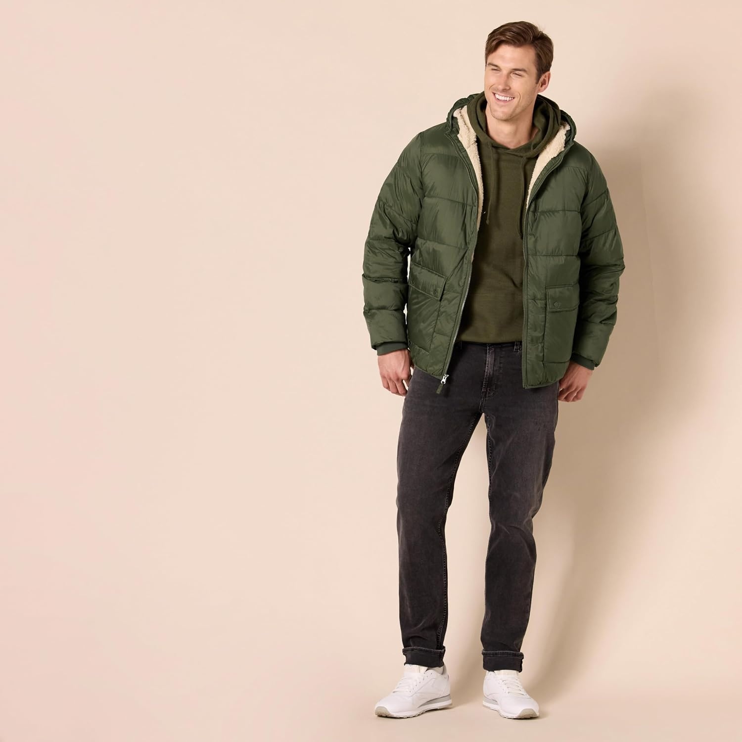 image:imageAmazon Essentials Mens LongSleeve WaterResistant SherpaLined Puffer JacketDark Olive