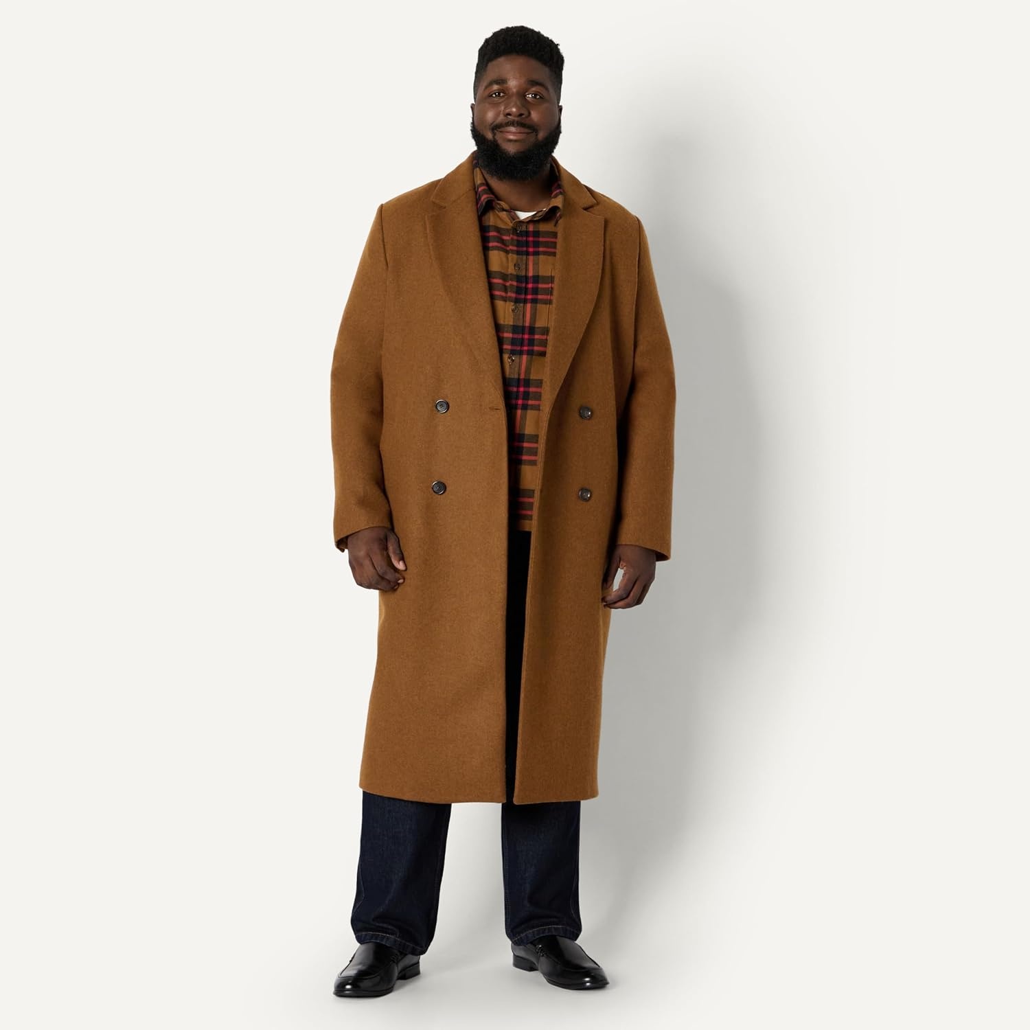 image:imageAmazon Essentials Mens RelaxedFit Double Breasted Wool Blend Longline Topcoat with Classic LapelCaramel Heather