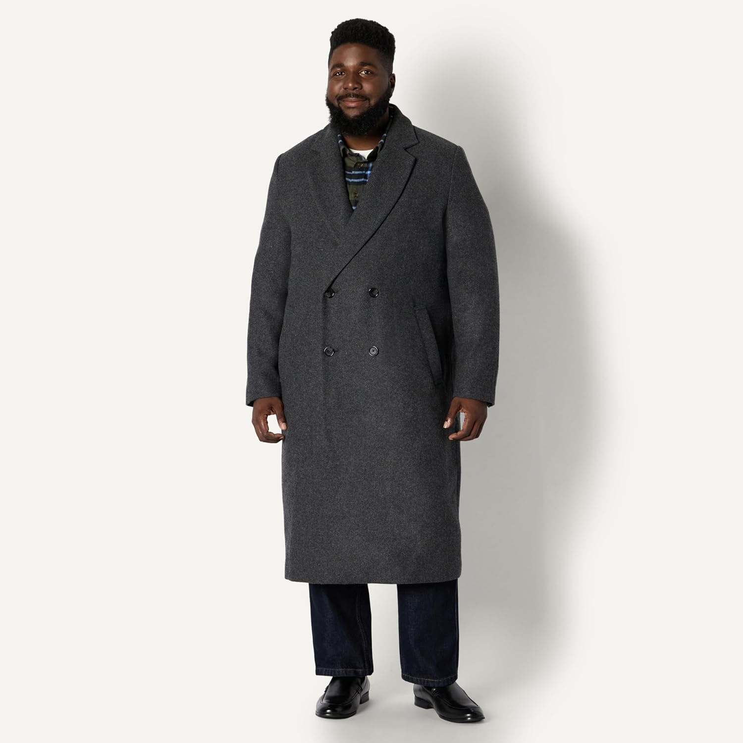 image:imageAmazon Essentials Mens RelaxedFit Double Breasted Wool Blend Longline Topcoat with Classic LapelCharcoal Heather