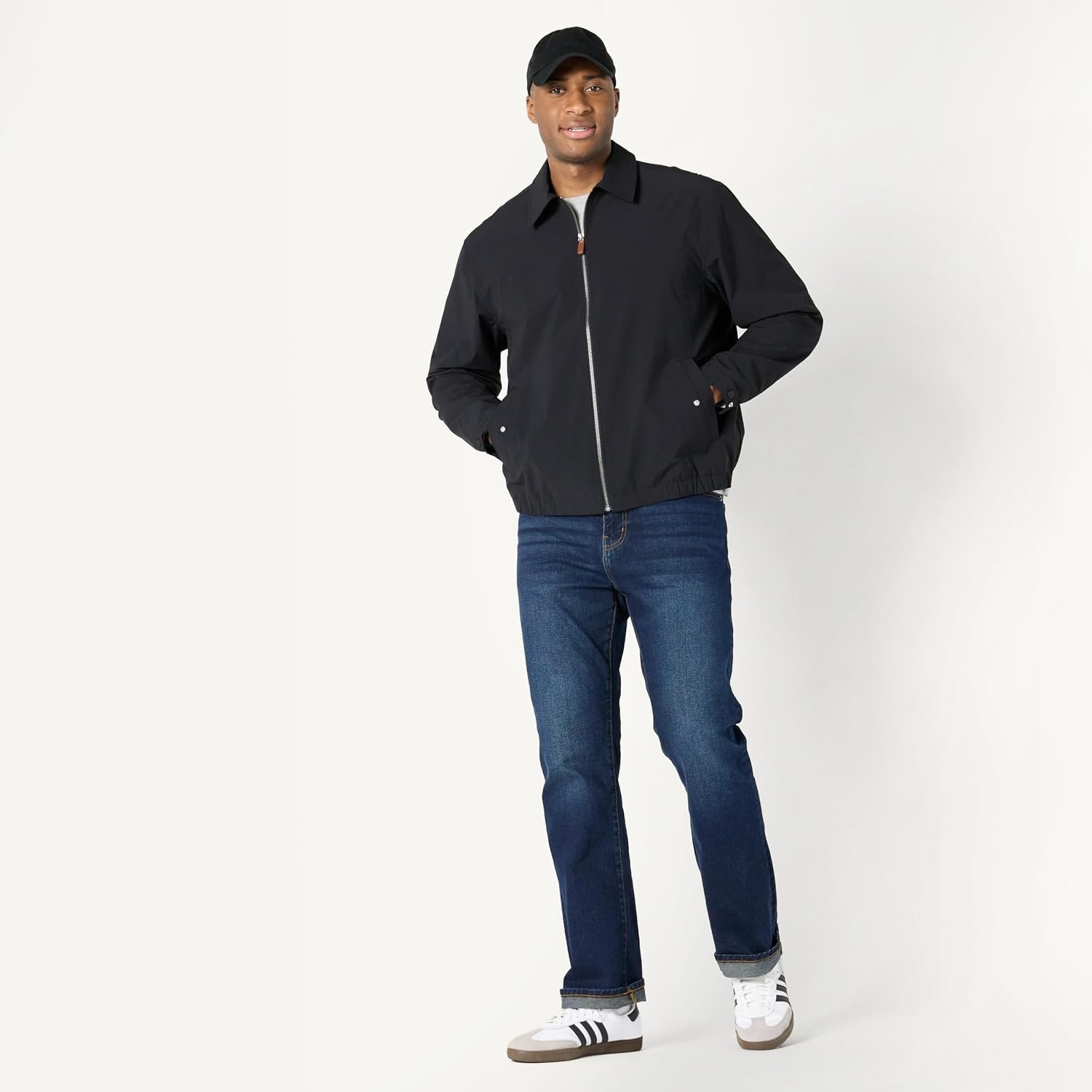 image:imageAmazon Essentials Mens RelaxedFit Lightweight Stretch ZipUp Bomber JacketBlack