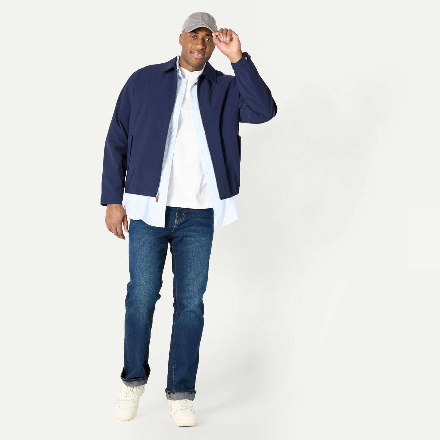 image:imageAmazon Essentials Mens RelaxedFit Lightweight Stretch ZipUp Bomber JacketNavy