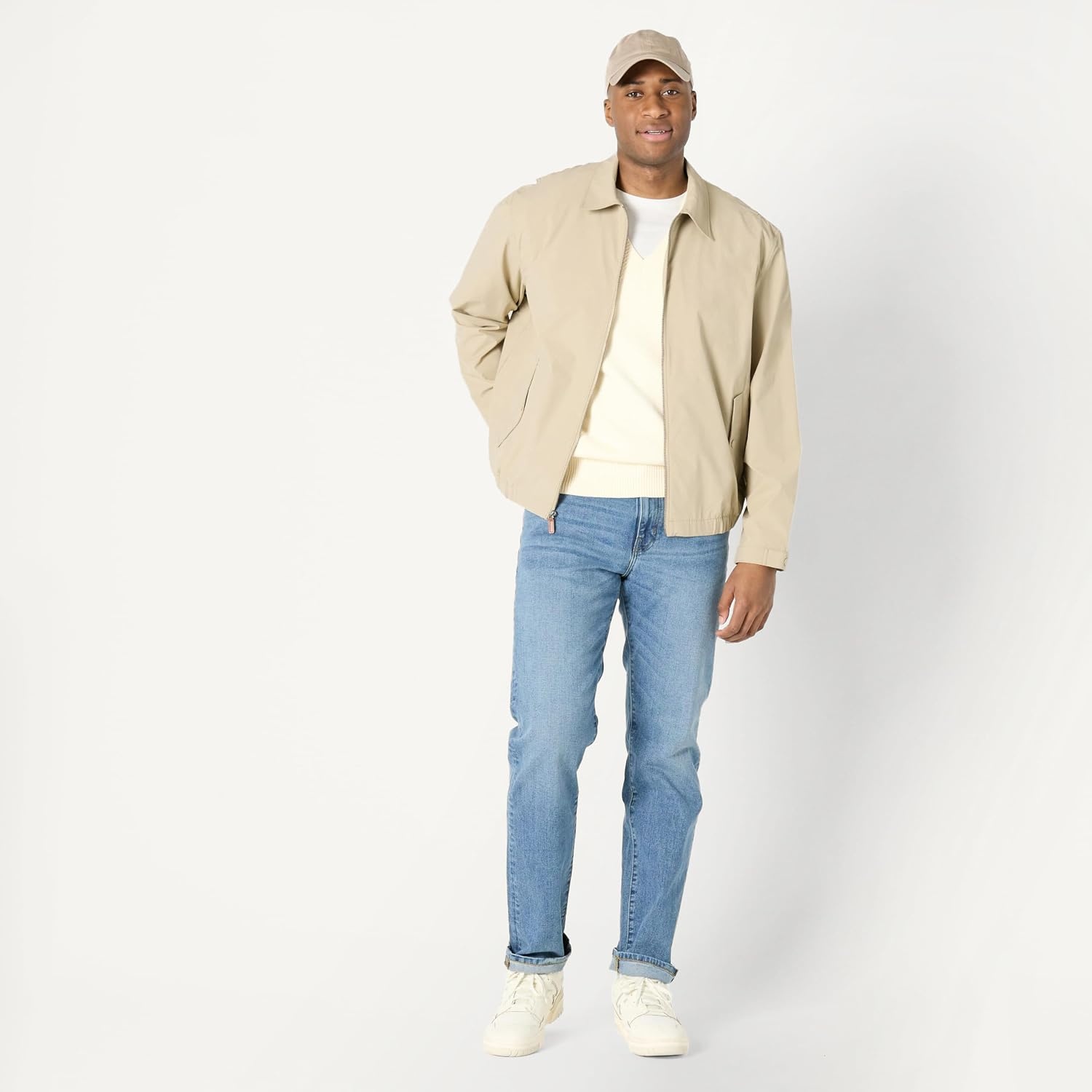 image:imageAmazon Essentials Mens RelaxedFit Lightweight Stretch ZipUp Bomber JacketTaupe