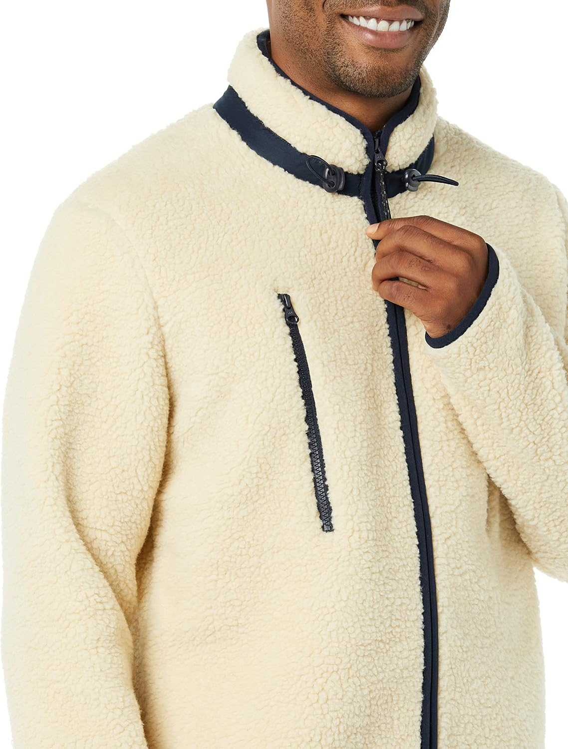 image:imageAmazon Essentials Mens Teddy Fleece FullZip Mock Neck Jacket with Chest PocketsBeige
